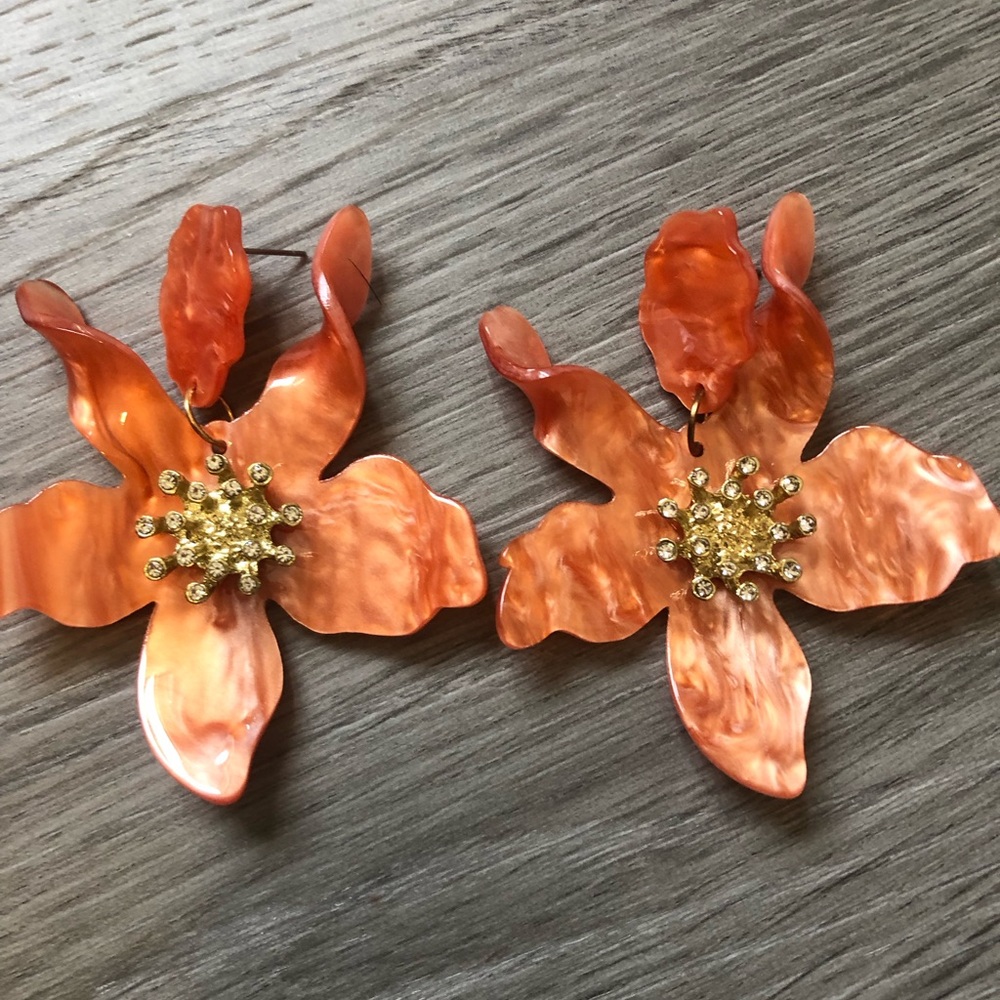 Orange Floral Statement Earrings with Gold Accents NWOT